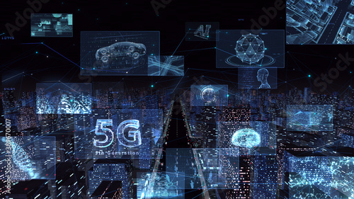 Digital Communication Network Technology AI Big data City Building Business 3D illustration