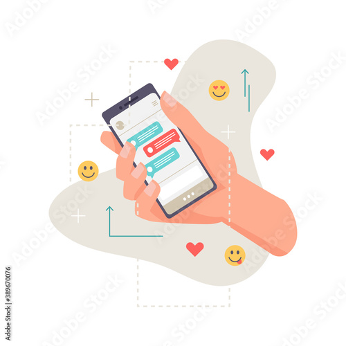 Application, smartphone in hand, online communication, chat with likes and emoticon smileys isolated. Vector phone or cellphone with dialogue on screen display, person holding gadget with sms messages