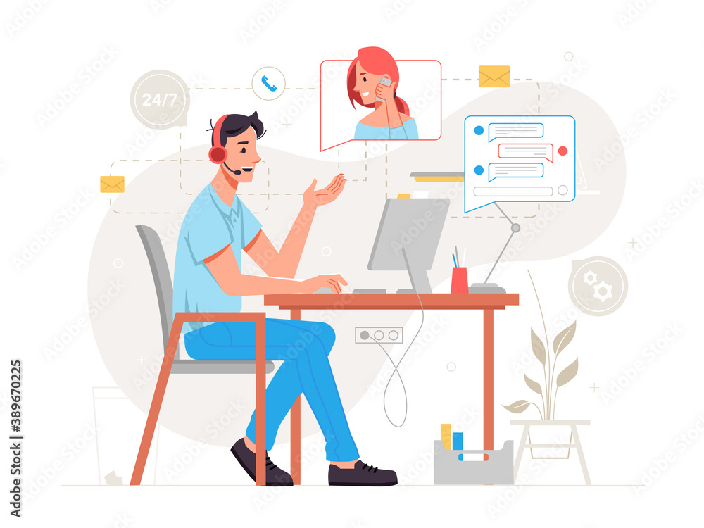 Call center online customer service isolated man support center worker sitting on chair at table and communicating via computer with woman. Vector operator in headset, assistant at helpline 24 on 7 Call center online customer service isolated man support center worker sitting on chair at table and communicating via computer with woman. Vector operator in headset, assistant at helpline 24 on 7