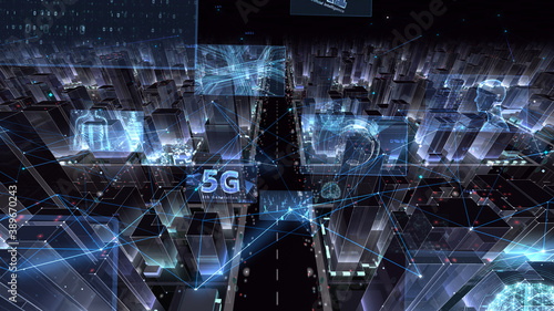 Digital Communication Network Technology AI Big data City Building Business 3D illustration