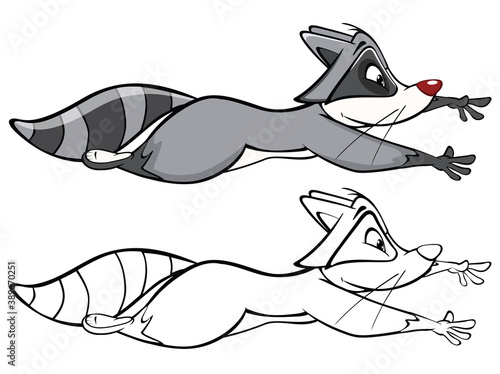 Vector Illustration of a Cute Cartoon Character Raccoon  for you Design and Computer Game. Coloring Book Outline Set 