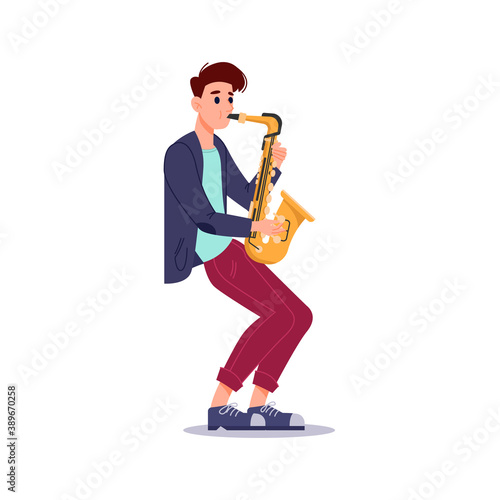 Guy plays saxophone isolated flat-cartoon musician. Vector saxophonist playing on blowing musical instrument, jazzman orchestra player with sax. Professional artist musical performer on concert