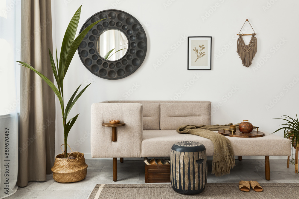 Modern ethnic living room interior with design chaise lounge, round mirror,  furniture, carpet, decoration, stool and elegant personal accessories.  Template. Stylish home decor. Photos | Adobe Stock