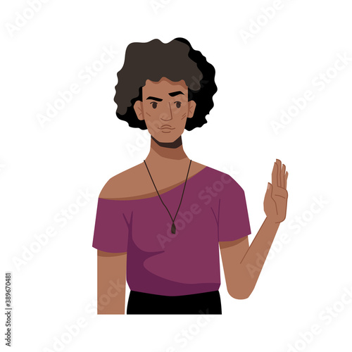 Afro american unhappy girl, shows stop or wait sign by palm of raised hand, thats enough. Vector woman with black curly hair, prohibition symbol, body language no gesture, cartoon character