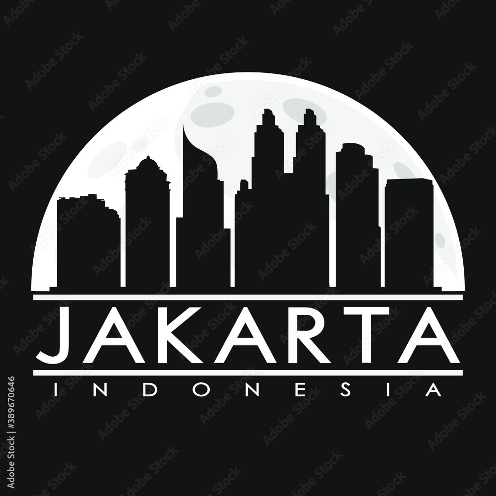 Jakarta Full Moon Night Skyline Silhouette Design City Vector Art Logo.