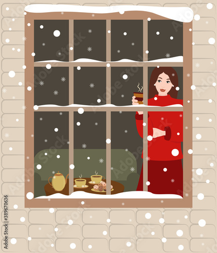 Illustration of a young woman with hot coffee watching the snow fall from the window. Cozy home vector illustration for design.