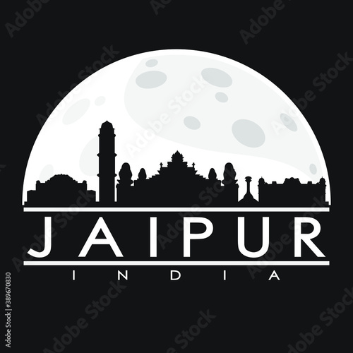 Jaipur India Full Moon Night Skyline Silhouette Design City Vector Art Logo.