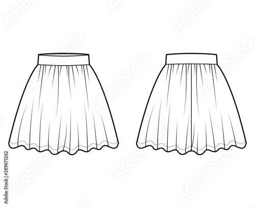 Skirt dirndl technical fashion illustration with above-the-knee lengths, circular fullness, thick waistband. Flat bottom template front, back, white color style. Women men unisex CAD mockup