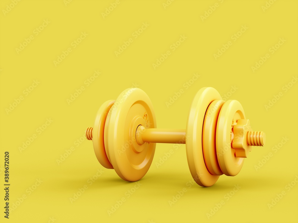 3D rendering Yellow Dumbbells for sports isolated on Yellow 3D rendering Yellow Dumbbells for sports isolated on Yellow