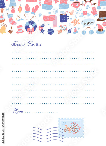 Christmas template letter to Santa Claus. Frame for text with patten decor. Cute vector christmas elements illustration in hand-drawn scandinavian style. Flat vector design.