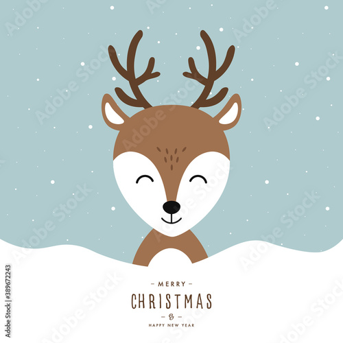 Christmas reindeer cute character vector snowy winter background