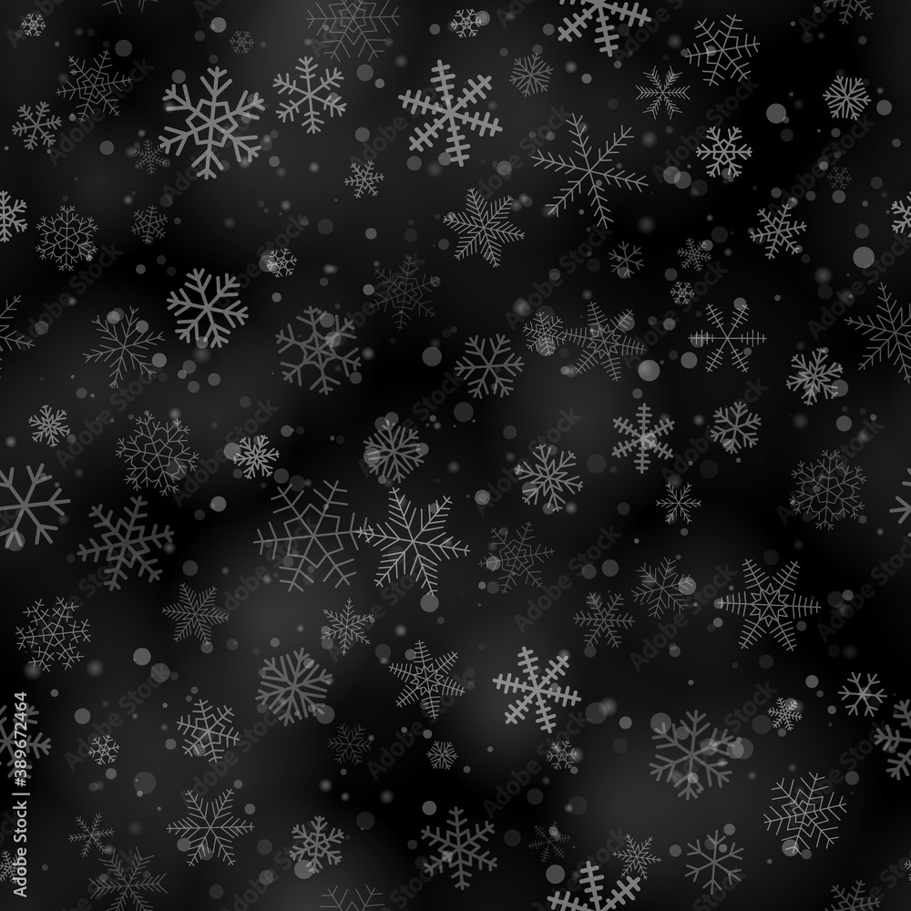 Christmas seamless pattern of snowflakes of different shapes, sizes and transparency, on black background Christmas seamless pattern of snowflakes of different shapes, sizes and transparency, on black background
