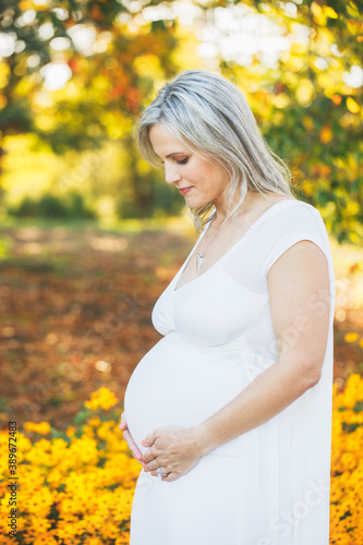 Beautiful Pregnant Woman at the Park in Autumn