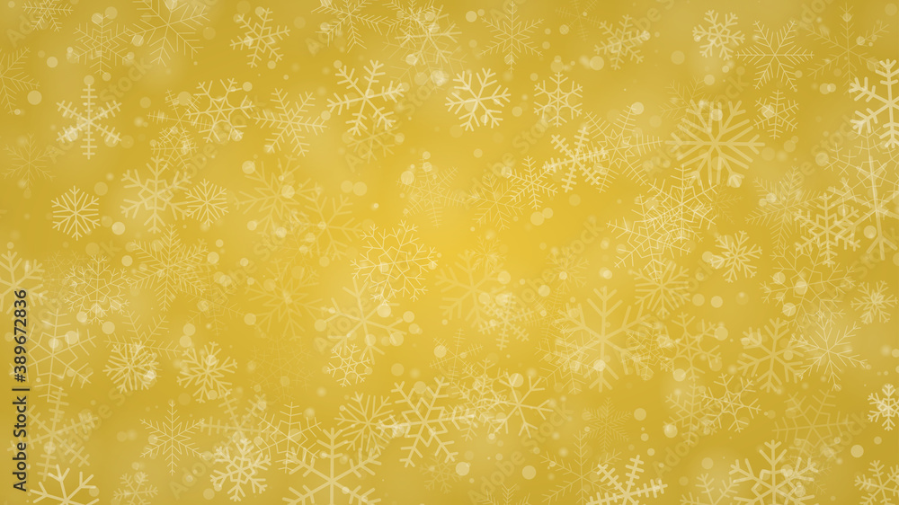 Christmas background of snowflakes of different shapes, sizes and transparency in yellow colors Christmas background of snowflakes of different shapes, sizes and transparency in yellow colors