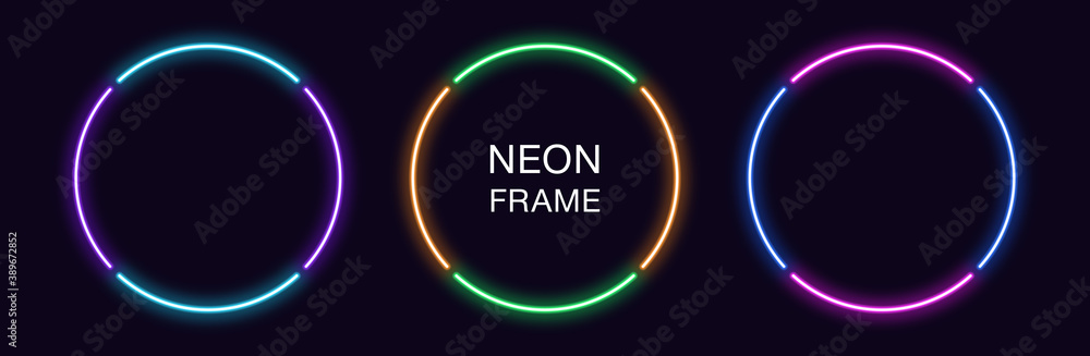 Neon circle Frame. Set of round neon Border in 4 outline parts. Geometric shape Neon circle Frame. Set of round neon Border in 4 outline parts. Geometric shape