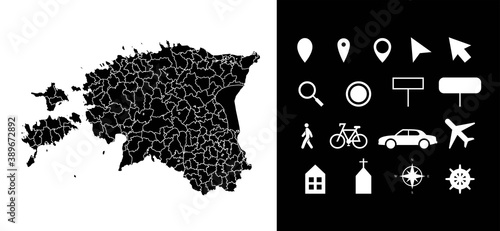 Map of Estonia administrative regions departments, icons. Map location pin, arrow, man, bicycle, car, airplane. photo
