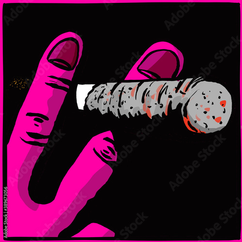 Fotografie, Obraz Graphic street art illustration of fingers holding cigarette with long ash