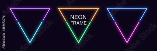 Neon triangle Frame. Set of triangular neon Border in 2 outline parts. Geometric shape
