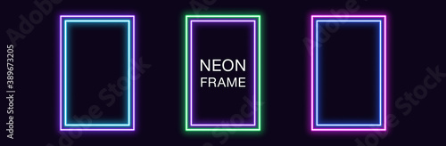 Neon rectangle Frame. Set of rectangular neon Border with double outline. Vector geometric shape