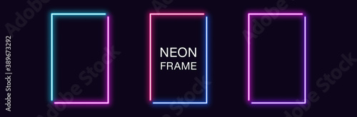 Neon rectangle Frame. Set of rectangular neon Border in 2 angular parts. Geometric shape