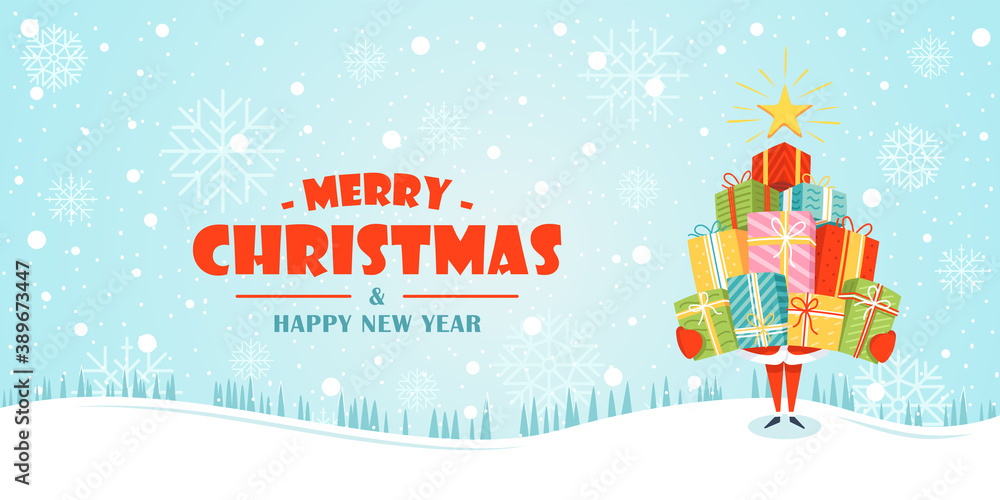 Christmas banner. Santa Claus holds gift boxes in his hands. Christmas tree made of gifts. Сartoon style. Vector illustration