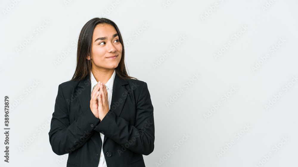 Young asian bussines woman isolated on white background making up plan in mind, setting up an idea. Young asian bussines woman isolated on white background making up plan in mind, setting up an idea.