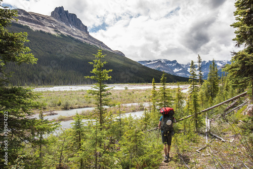 Backpacker hiking towards Castleguard Meadows, Banff National Park. photo