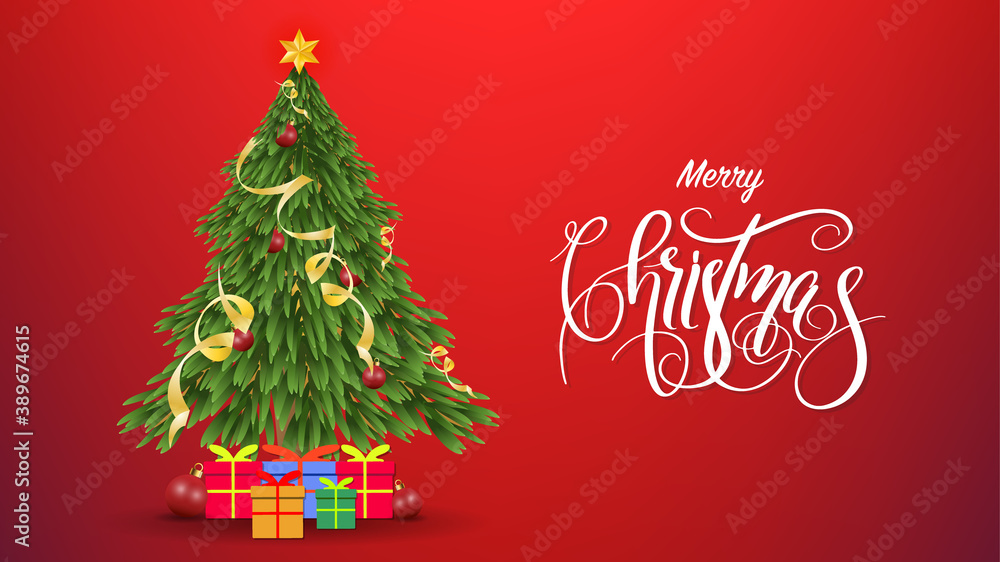 Christmas Holiday , Merry Christmas Calligraphy and Christmas tree with gift on red background Christmas Holiday , Merry Christmas Calligraphy and Christmas tree with gift on red background