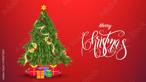 Christmas Holiday   Merry Christmas Calligraphy and Christmas  tree with gift on red background 