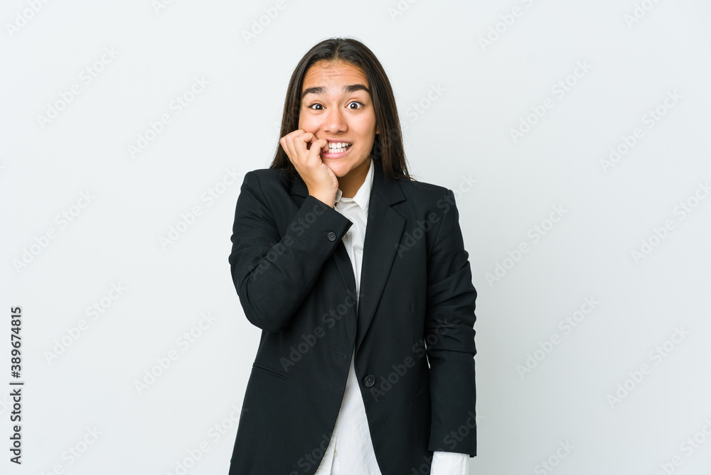 Young asian bussines woman isolated on white background biting fingernails, nervous and very anxious. Young asian bussines woman isolated on white background biting fingernails, nervous and very anxious.