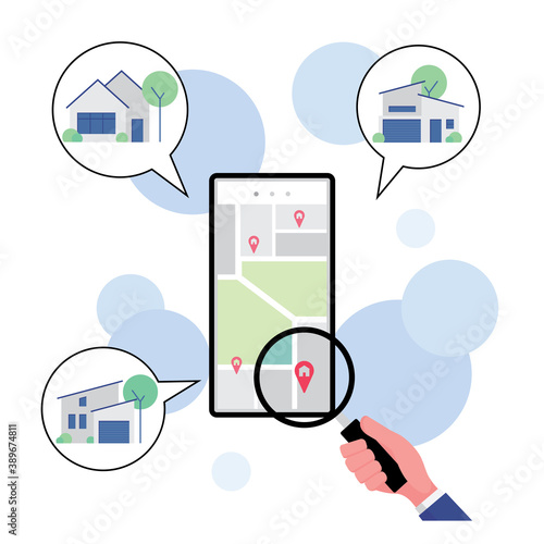 Real estate business feature a hand with magnifier searching house for sale on mobile phone