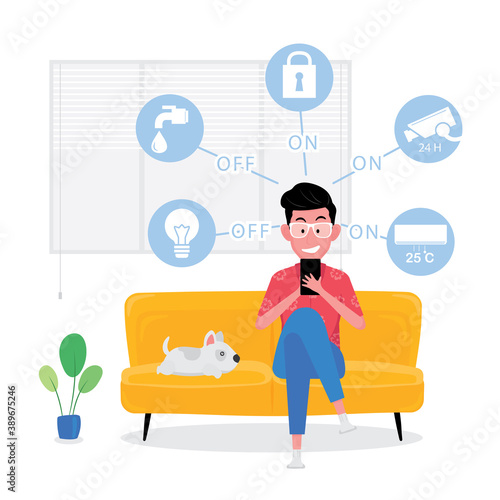 Smart home picture feature a man sitting on yellow sofa while control electric appliance from phone