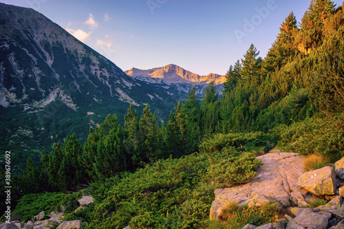 Hiking to Koncheto, view across the peaks of the Pirin Mountains in Bulgaria with Vihren, Kutelo,Todorka,Banski Suhodol , National Park Pirin with company of wild goats