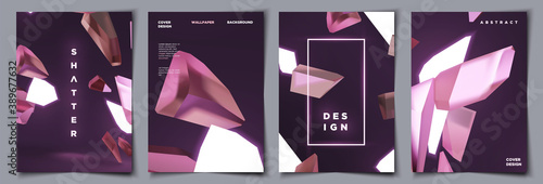 Abstract 3d glow cover set. shattered crystal glass particles background frame presentation collection vector