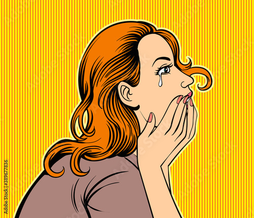 Crying woman. Pop art retro hand drawn style vector design illustrations.