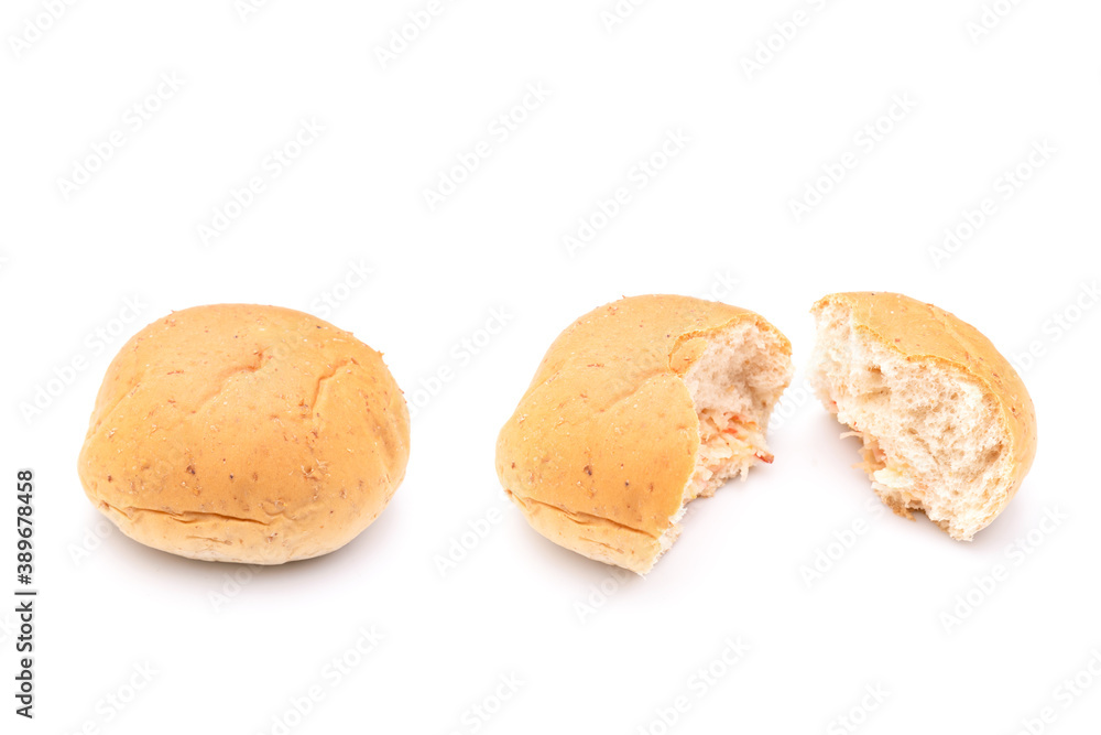 Crab Stick Mayonnaise Whole Wheat Filled Bun isolated on white background Crab Stick Mayonnaise Whole Wheat Filled Bun isolated on white background