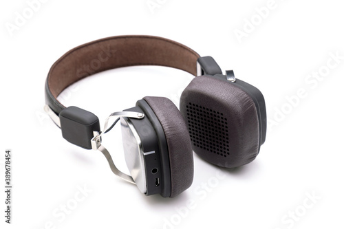 Close up black Headphone or Headset on white color. Copy space for text or design