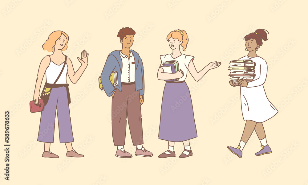 Group of people reading books. Multicultural people study together. Students with books stand together, meet, communicate, take books from the library. Education and knowledge concept Group of people reading books. Multicultural people study together. Students with books stand together, meet, communicate, take books from the library. Education and knowledge concept