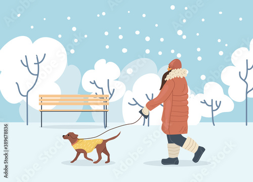 Active people in winter city park. Winter time. Girl walks with dog in winter city park. Outdoor winter activities and sport cartoon vector