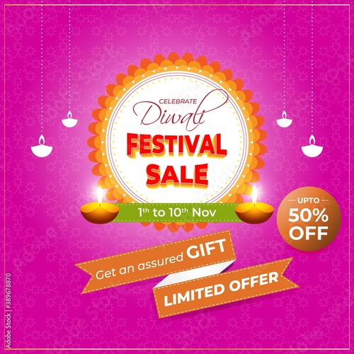 Diwali Festive Season Sale banner, up to 50% cashback. Limited offer Dipawali, Indian festival, diya lamp, oil lamp, get an assured gift, vector illustration offer banner, advertisement