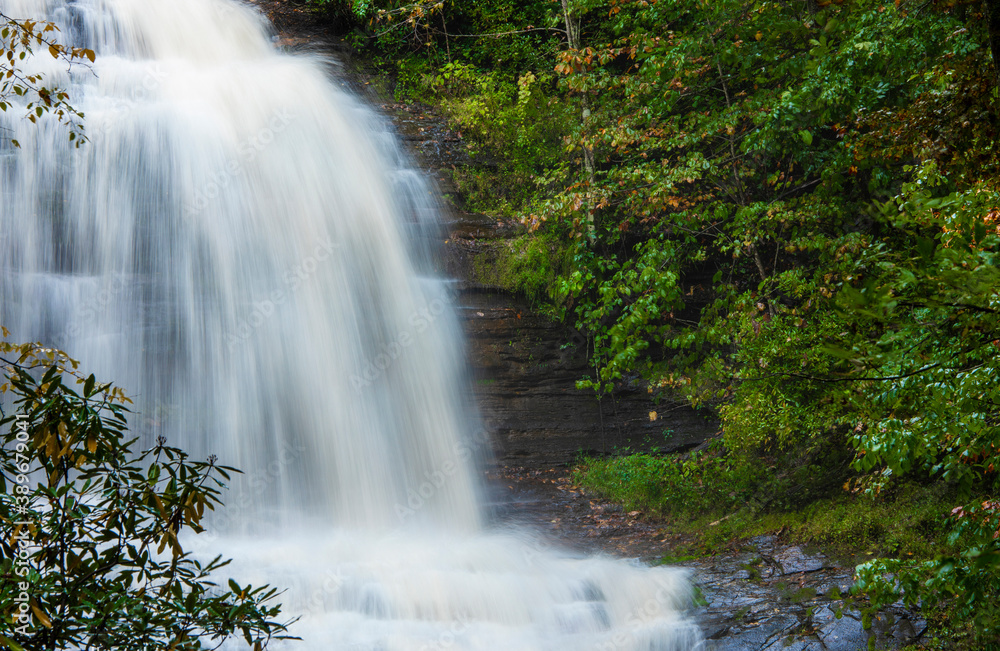 Closeup shot of Pierson Falls on a rainy day near Saluda, North Carolina.