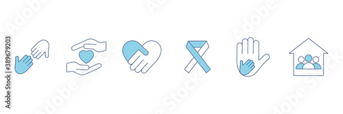 Voluntary, charity, donation set icons. Orphans and help, voluntary activity, heart in hands vector stock illustration isolated on white background.