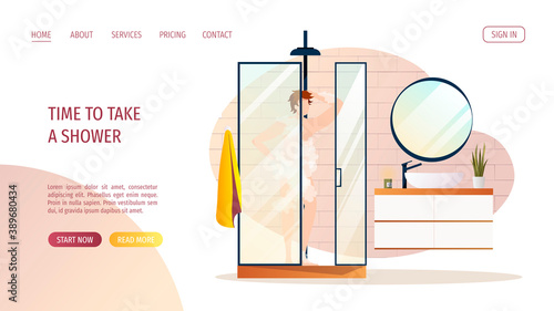 Young soapy man standing in the shower cabin. Taking shower, hygiene, relaxation, bathroom concept. Vector illustration for poster, banner, website.