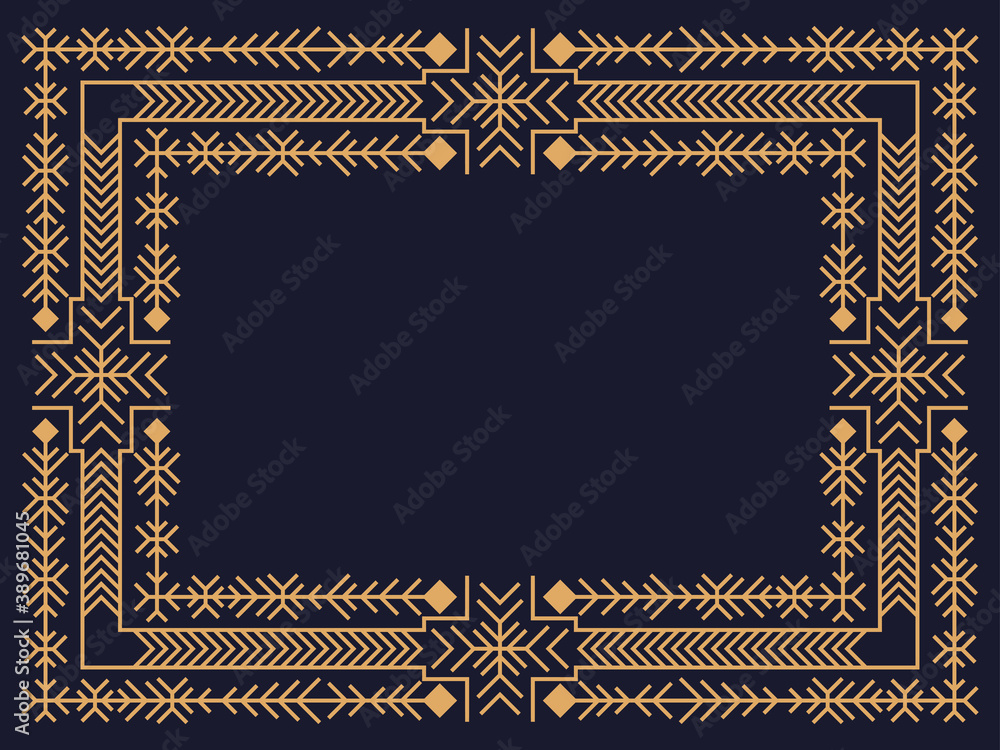 Obraz premium Christmas frame in art deco style with snowflakes. Line art vintage linear border. Design a template for invitations, leaflets and greeting cards. The style of the 1920s - 1930s. Vector illustration