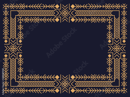 Christmas frame in art deco style with snowflakes. Line art vintage linear border. Design a template for invitations, leaflets and greeting cards. The style of the 1920s - 1930s. Vector illustration