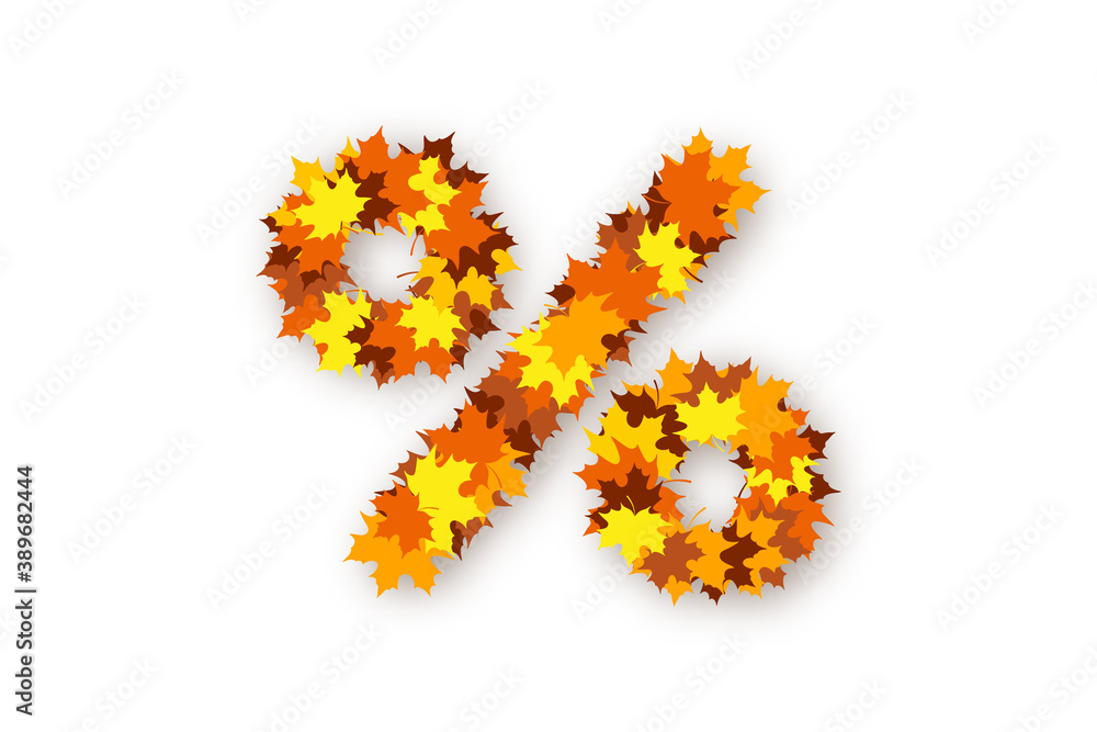 Percent sign made from bright yellow, orange and red maple leaves Percent sign made from bright yellow, orange and red maple leaves