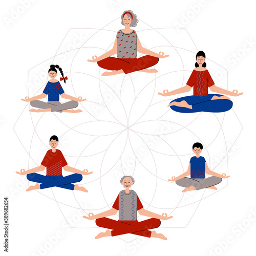 Yoga is for everyone. A group of pople difrent age meditate together to feel more relaxed, clam and free