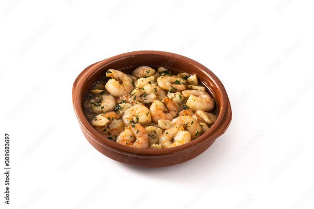 Garlic prawns in crock pot isolated on white background Garlic prawns in crock pot isolated on white background