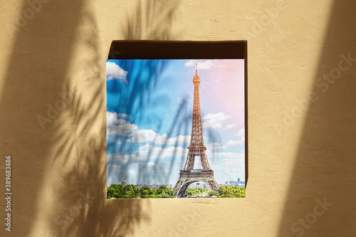 Canvas print hanging on wall with sunlight and shadows of leaves photo