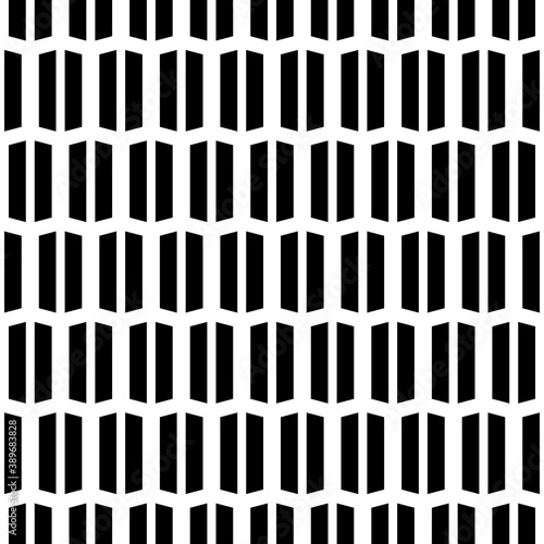 Repeated black geometric figures on white background. Seamless surface pattern design with symmetrical quadrangles ornament. Polygons wallpaper. Strokes and lines motif. Digital paper with stripes.